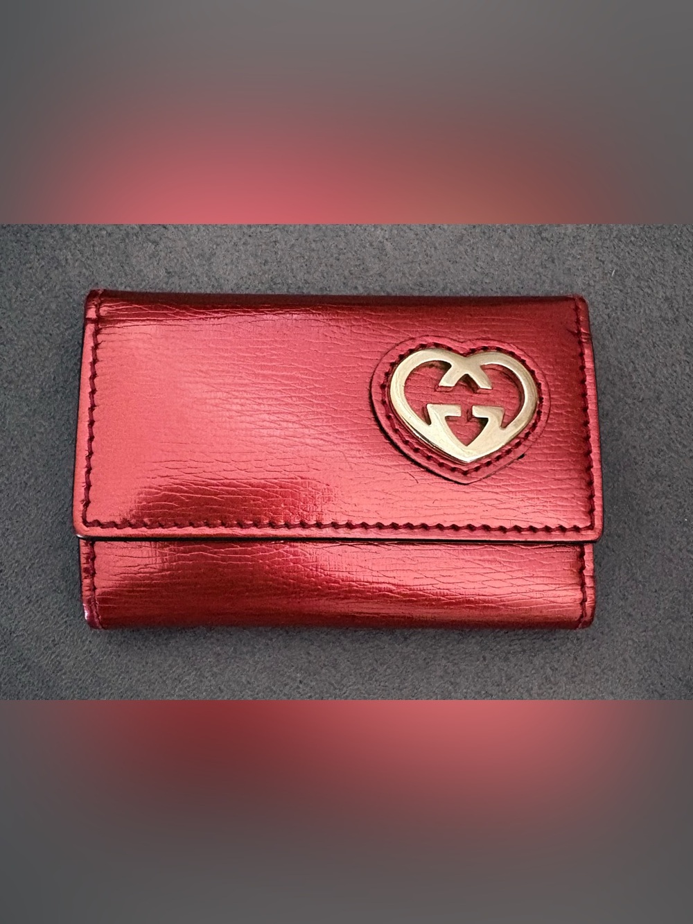 Gucci Metallic Cherry Red Leather Wallet with Gold Heart Logo